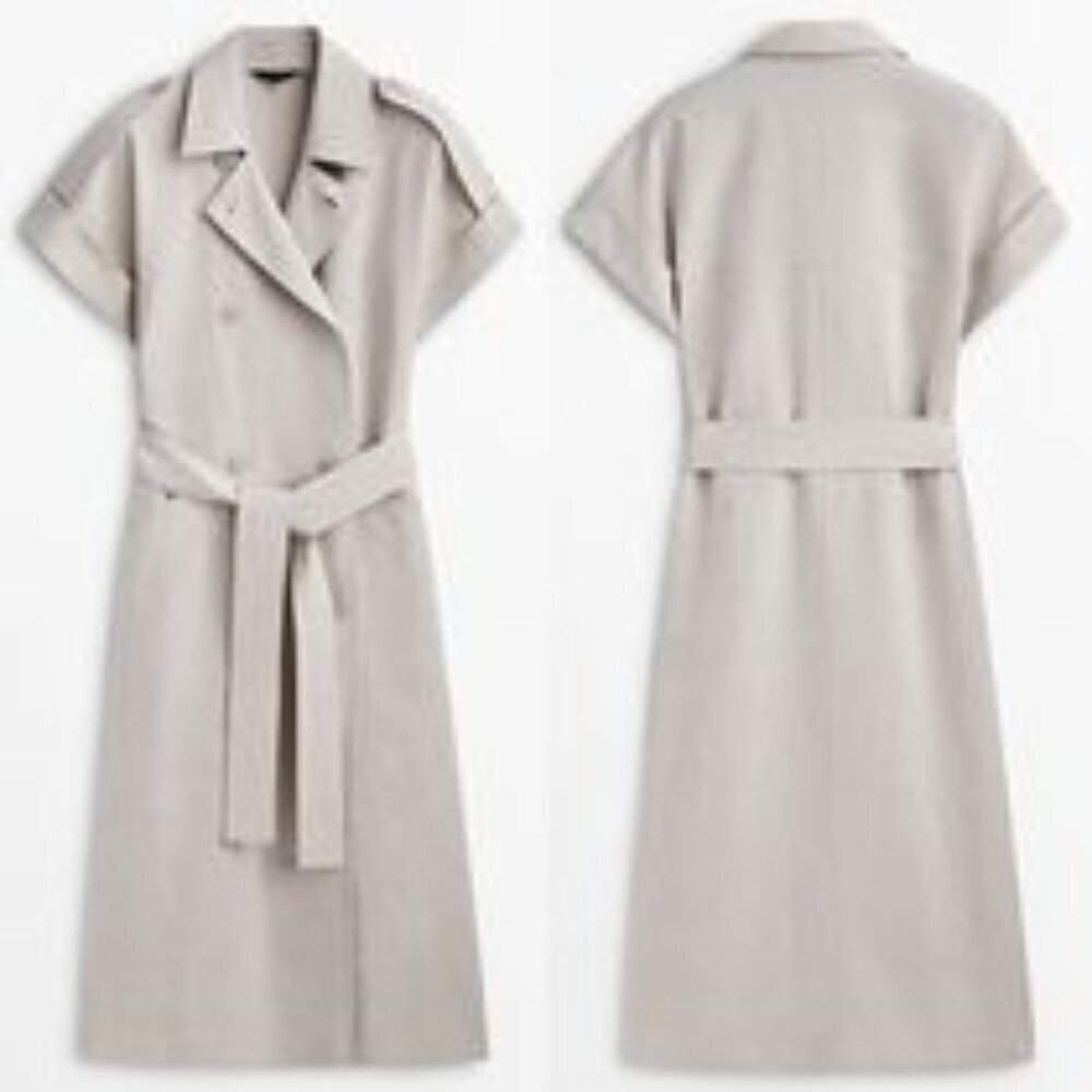 NWT. Massimo Dutti Beige Linen Blend Trench Coat Dress with Belt. Size L. - Picture 2 of 8